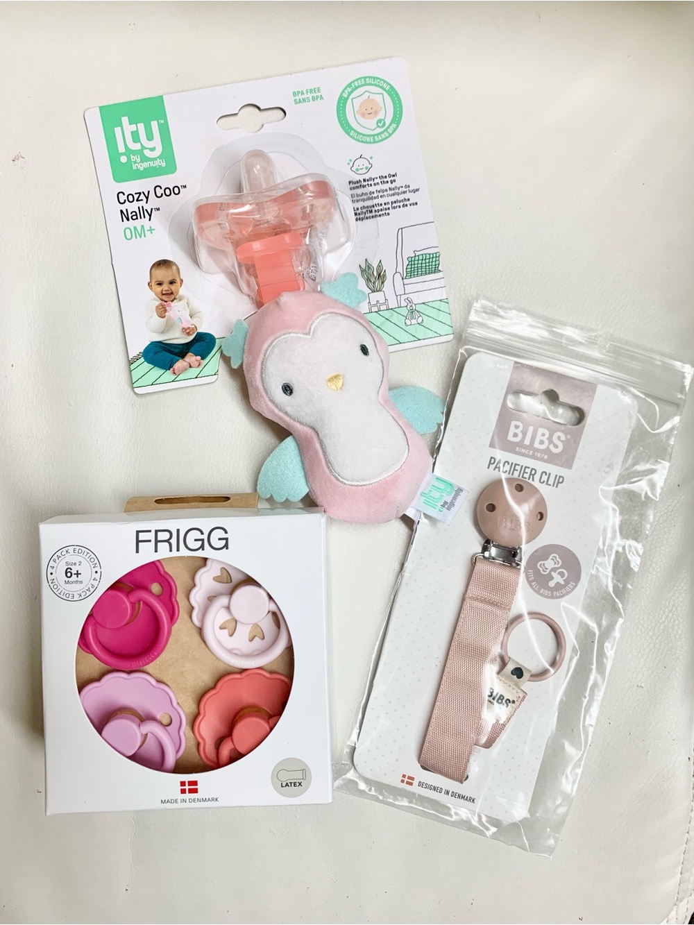 FRIGG Pink Baby Pacifier Set & BIBS Blush Pacifier Clip with Pink Soother